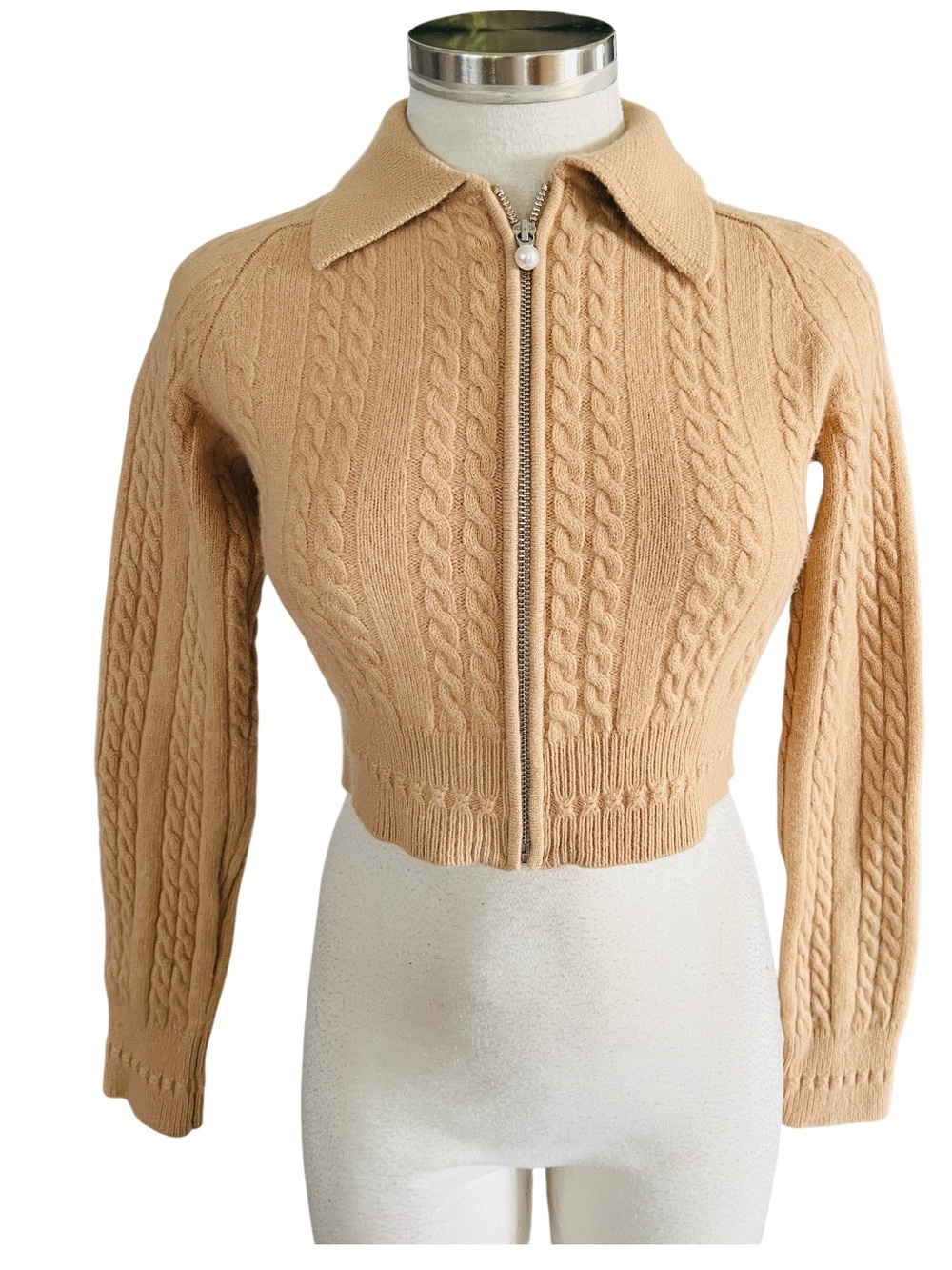 Sandro Tan  Wool Cable Knit Zipper Crop
Cardigan Size 0 NWOT - Picture 7 of 15
